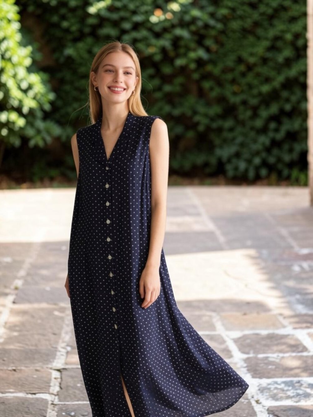 Christopher & Banks Vintage Navy Polka Dot Button Front Maxi Dress Size 12